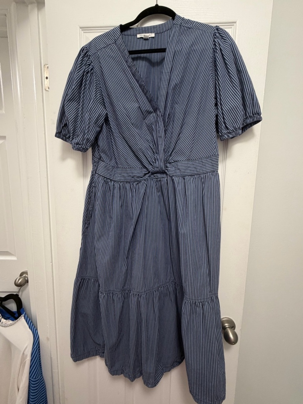 Striped Blue Knot-Front Midi Dress